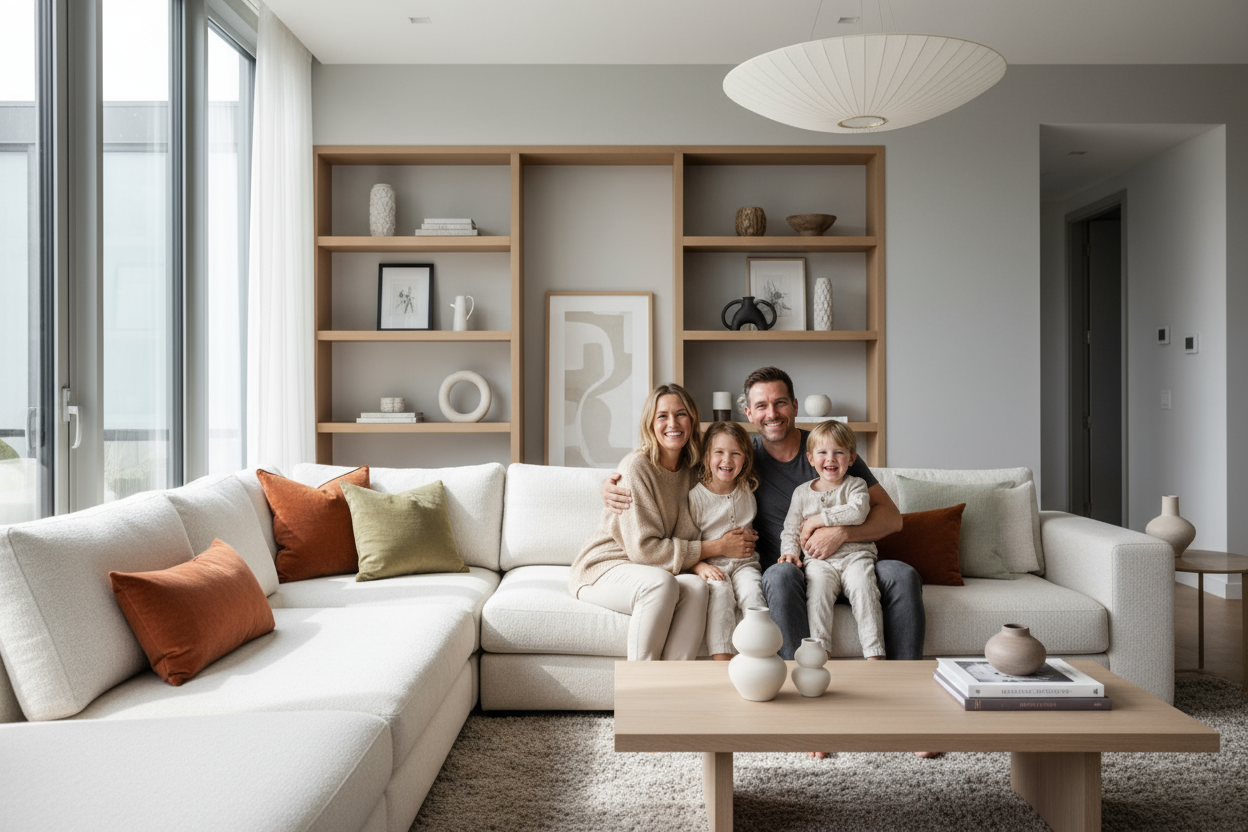 family in modern living room smiling